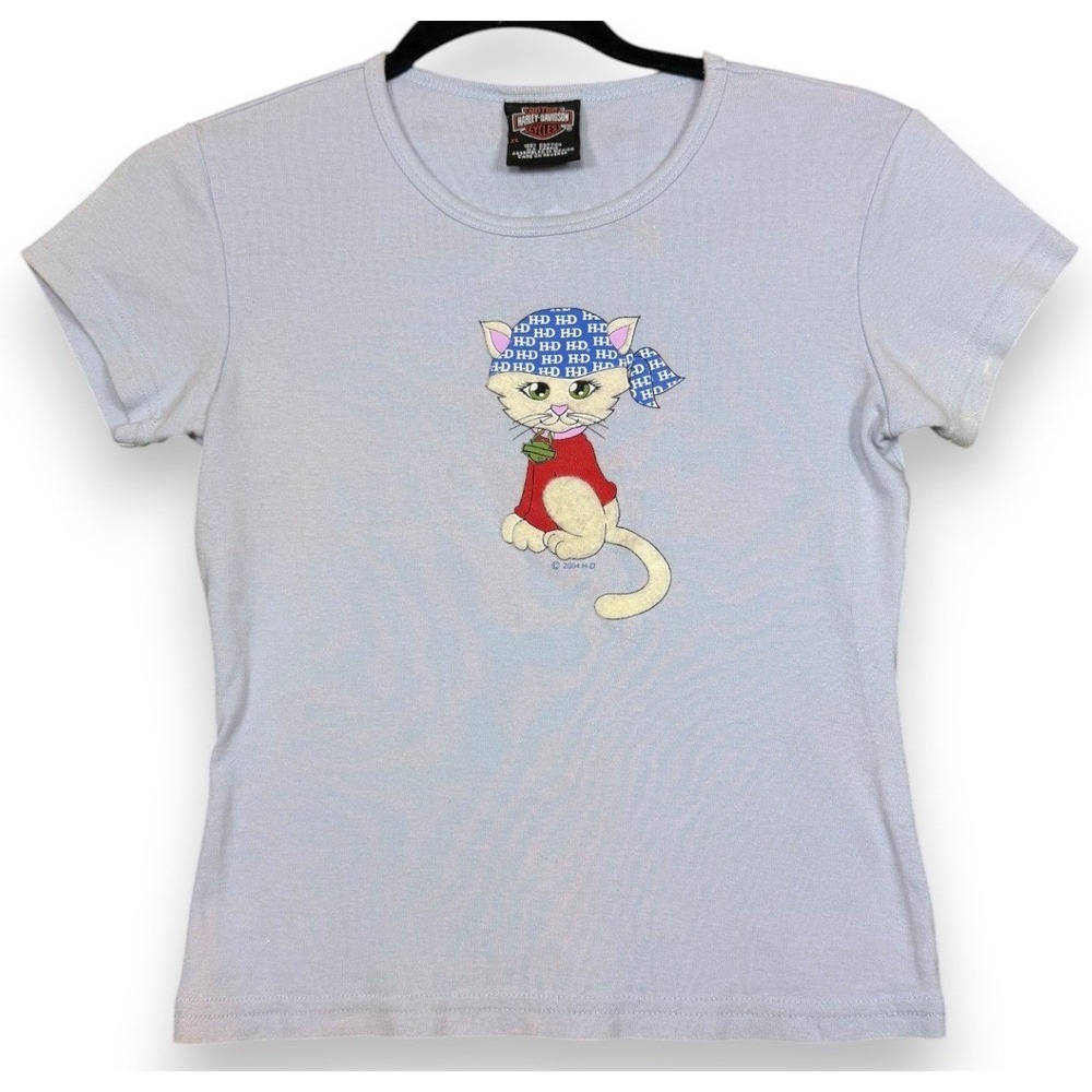 Vinage Harley Davidson Baby Tee Top Womens XL Blue Cat 2004 Zion Biker Moto Y2K